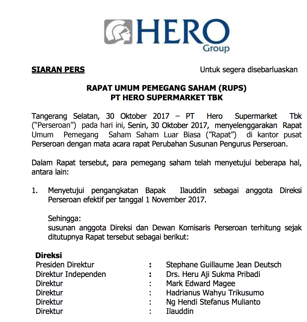 Hero - Press Release: RAPAT UMUM PEMEGANG SAHAM (RUPS) PT HERO